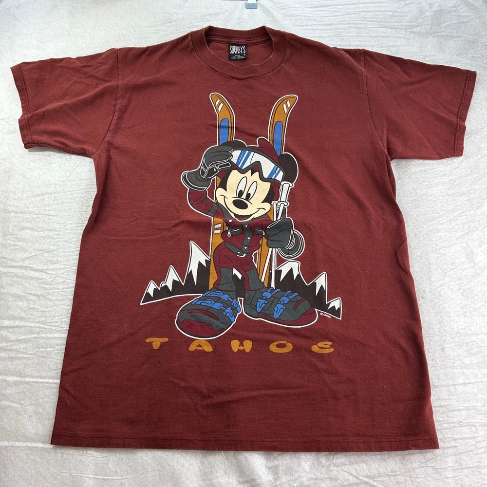 Sherry's Best Mickey Mouse T-Shirt Mens Large Maroon Ski Lake Tahoe Vintage 90s